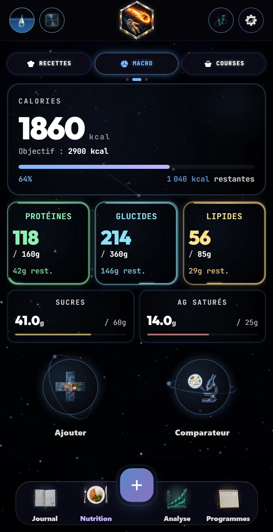 Suivi des calories et des macros du jour