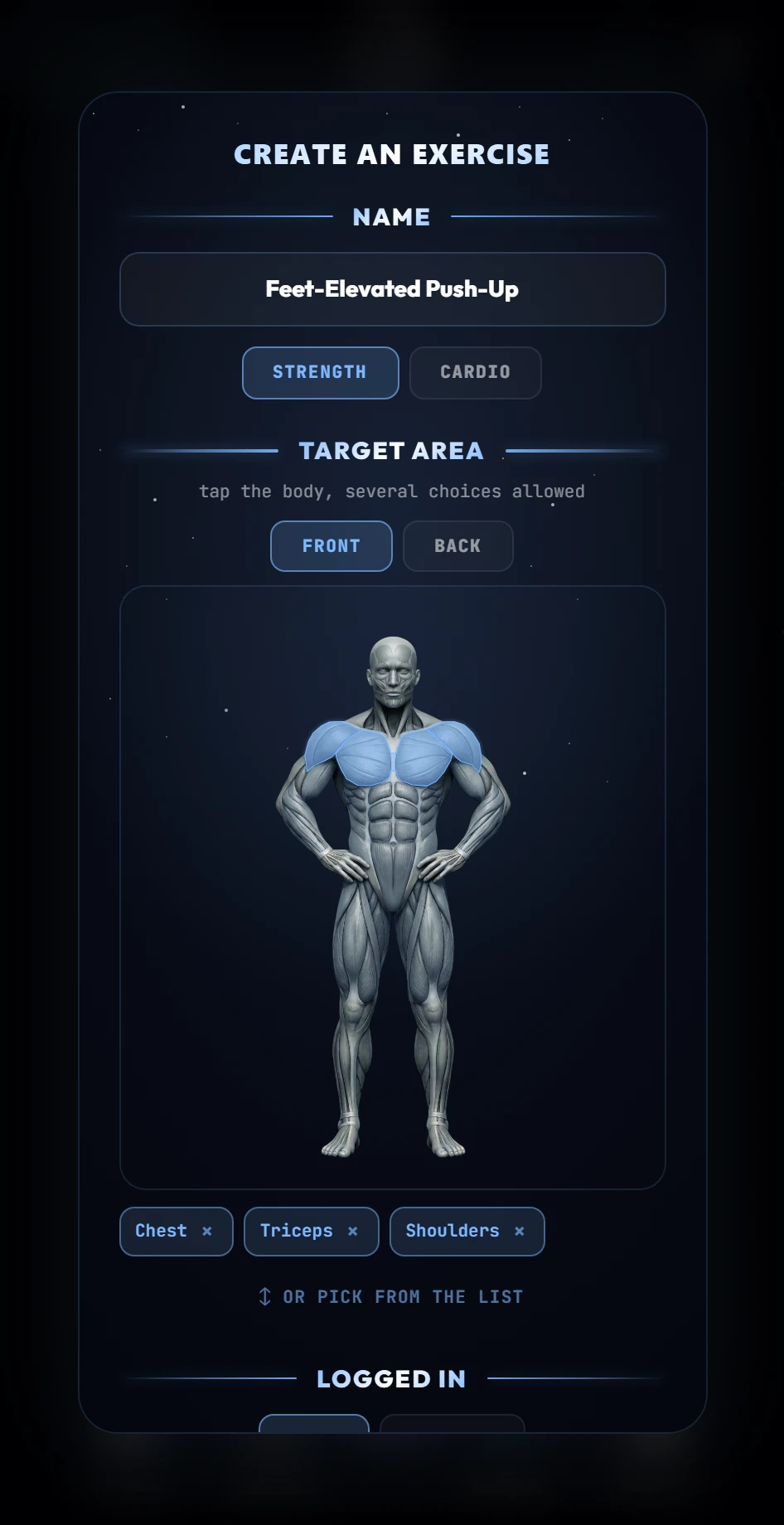 Creating an exercise: its name and the muscles it works, on the body map
